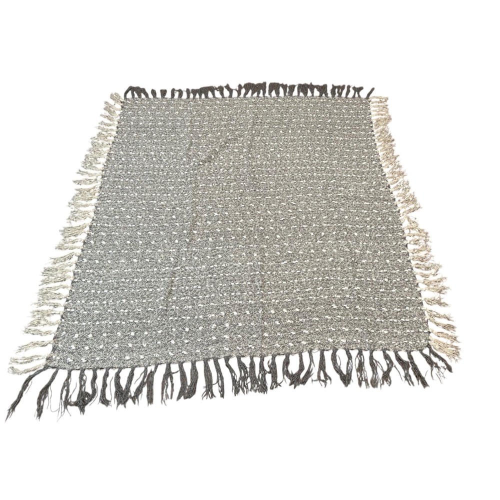 Shabby Chic Grey White Bobble Knit Throw Blanket with Fringe Tassels Boho Cozy